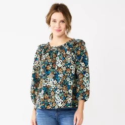Women's Sonoma Goods For Life® Ruffle Shoulder Peasant Top -Hot Sale Adult Shop 5584039 Blue Black Floral