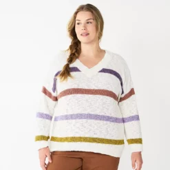Plus Size Sonoma Goods For Life® Long Sleeve V-Neck Sweater -Hot Sale Adult Shop 5585496 Beige Stripe