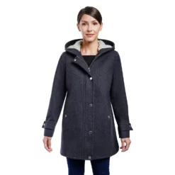 Women's London Fog Faux-Sherpa Hood Wool-Blend Coat