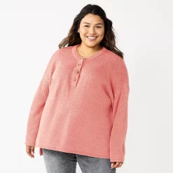 Plus Size Sonoma Goods For Life® Henley Sweater -Hot Sale Adult Shop 5588020 Coral