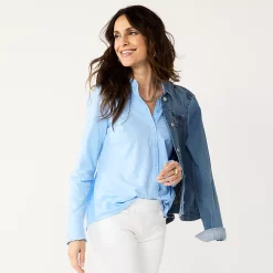 Women's Croft & Barrow® Ruffled Button Down Top -Hot Sale Adult Shop 5590396 Blue Bell