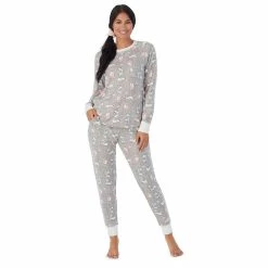 Women's Cuddl Duds 3-pc. Knit Long Sleeve Pajama Top, Banded Bottom Pajama Pants & Scrunchie Set -Hot Sale Adult Shop 5591782 Grey Heather Bear