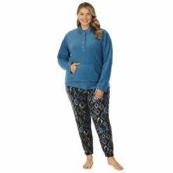 Plus Size Cuddl Duds Fleece Long Sleeve Pajama Top and Banded Bottom Pajama Pants Sleep Set -Hot Sale Adult Shop 5595480 Blue