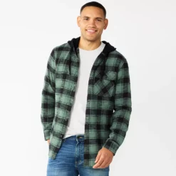 Men's Sonoma Goods For Life® Hooded Flannel Button-Down Shirt -Hot Sale Adult Shop 5640627 Green Plaid
