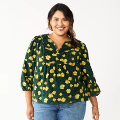 Plus Size Sonoma Goods For Life® Notchneck Long Sleeve Top -Hot Sale Adult Shop 5661416 Green Yellow Floral