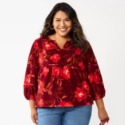 Plus Size Sonoma Goods For Life® Notchneck Long Sleeve Top -Hot Sale Adult Shop 5661416 Large Red Floral