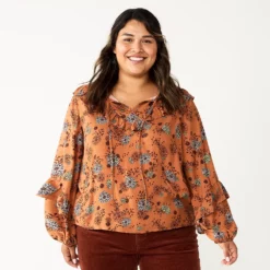Plus Size Sonoma Goods For Life® Ruffle Peasant Top -Hot Sale Adult Shop 5662063 Brown Blue Floral