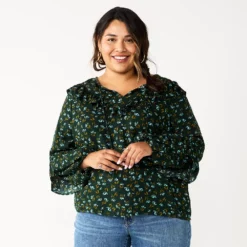 Plus Size Sonoma Goods For Life® Ruffle Peasant Top -Hot Sale Adult Shop 5662063 Dark Green Mini Floral