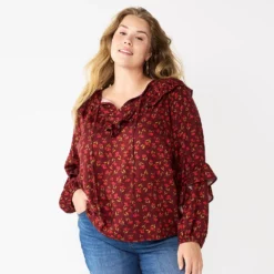 Plus Size Sonoma Goods For Life® Ruffle Peasant Top -Hot Sale Adult Shop 5662063 Red Mini Floral
