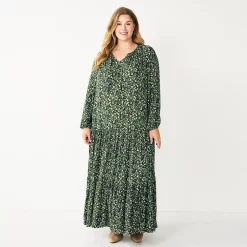 Plus Size Sonoma Goods For Life® Tiered Long Sleeve Maxi Dress -Hot Sale Adult Shop 5664433 Olive Multi Floral
