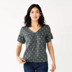 Women's Sonoma Goods For Life® Ruffled Babydoll Top -Hot Sale Adult Shop 5665750 Gray Gold Geo