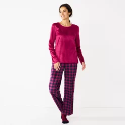 Petite Croft & Barrow® Long Sleeve Pajama Top & Pajama Pants Sleep Set -Hot Sale Adult Shop 5666563 Burgundy Navy Checks