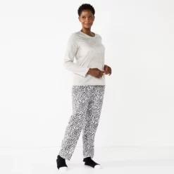 Petite Croft & Barrow® Long Sleeve Pajama Top & Pajama Pants Sleep Set -Hot Sale Adult Shop 5666563 Gray Animal Print