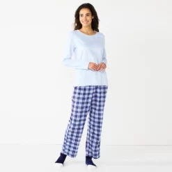 Petite Croft & Barrow® Long Sleeve Pajama Top & Pajama Pants Sleep Set -Hot Sale Adult Shop 5666563 Light Blue Plaid