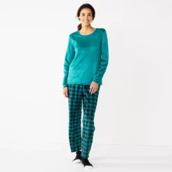 Petite Croft & Barrow® Long Sleeve Pajama Top & Pajama Pants Sleep Set -Hot Sale Adult Shop 5666563 Teal Black Checks