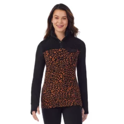Women's Cuddl Duds® Fleecewear with Stretch Mock Henley Long Sleeve Top with Sherpa -Hot Sale Adult Shop 5668410 Amber Animal