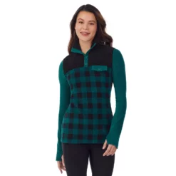 Women's Cuddl Duds® Fleecewear with Stretch Mock Henley Long Sleeve Top with Sherpa -Hot Sale Adult Shop 5668410 Viridian Buffalo