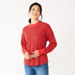 Women's Sonoma Goods For Life® Mockneck Waffle Top -Hot Sale Adult Shop 5672315 Red Orange Stripe