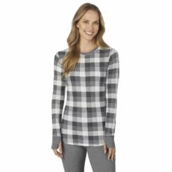 Women's Cuddl Duds® Long Sleeve Crewneck Stretch Thermal Top -Hot Sale Adult Shop 5673066 Grey Buffalo Check