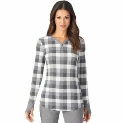 Women's Cuddl Duds® Long Sleeve Split V-Neck Stretch Thermal Top -Hot Sale Adult Shop 5673068 Grey Buffalo Check