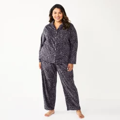 Plus Size Sonoma Goods For Life® Velour Pajama Shirt & Pajama Pants Sleep Set -Hot Sale Adult Shop 5675146 Black Leopard