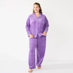 Plus Size Sonoma Goods For Life® Velour Pajama Shirt & Pajama Pants Sleep Set -Hot Sale Adult Shop 5675146 Lilac Happy Dots