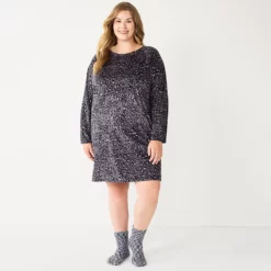 Plus Size Sonoma Goods For Life® 2-pc. Long Sleeve Crewneck Sleepshirt & Socks Set -Hot Sale Adult Shop 5690616 Black Leopard