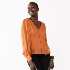 Women's Nine West Long Sleeve V-Neck Button Front Blouse -Hot Sale Adult Shop 5692662 Baked Nutmeg
