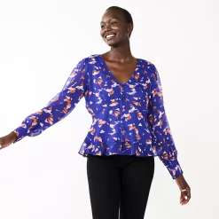 Women's Nine West Long Sleeve V-Neck Button Front Blouse -Hot Sale Adult Shop 5692662 Blue Abstract