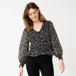 Women's Nine West Long Sleeve V-Neck Button Front Blouse -Hot Sale Adult Shop 5692662 Small Animal