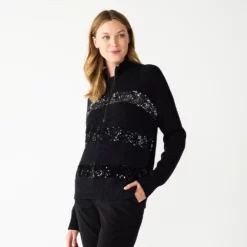 Women's Nine West Quarter Zip Sequin Stripe Pullover Sweater -Hot Sale Adult Shop 5713489 Black