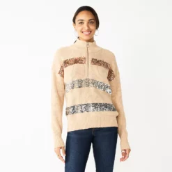 Women's Nine West Quarter Zip Sequin Stripe Pullover Sweater -Hot Sale Adult Shop 5713489 Camel