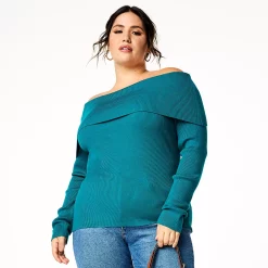 Plus Size INTEMPO Off-the-Shoulder Long Sleeve Top -Hot Sale Adult Shop 5768521 Teal