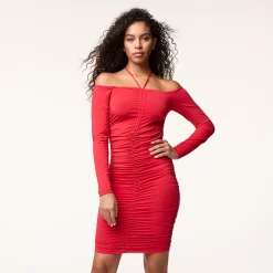 Women's INTEMPO Ruched Off-the-Shoulder BodyCon Dress -Hot Sale Adult Shop 5769437 Racing Red