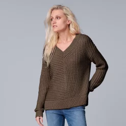 Women's Simply Vera Vera Wang Ribbed V-Neck Sweater -Hot Sale Adult Shop 5799942 Plum Past