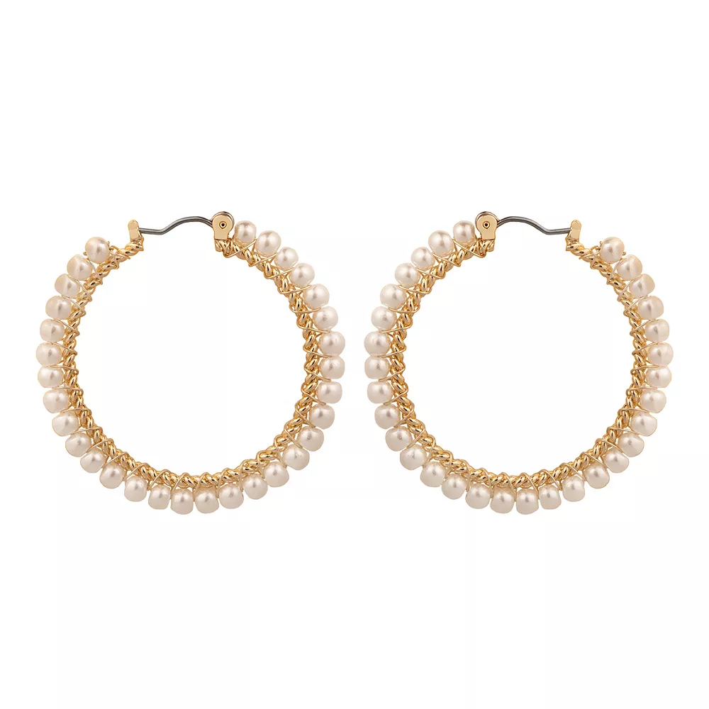 DRAPER JAMES RSVP™ Gold Tone Simulated Pearl Large Nickel Free Hoop Earrings 1 DRAPER JAMES RSVP™ Gold Tone Simulated Pearl Large Nickel Free Hoop Earrings