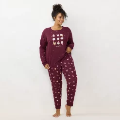 Plus Size LC Lauren Conrad Cozy Long Sleeve Pajama Top & Pajama Pants Set -Hot Sale Adult Shop 6066040 Cat Hats Wine