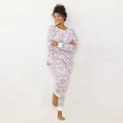 Plus Size LC Lauren Conrad Cozy Long Sleeve Pajama Top & Pajama Pants Set -Hot Sale Adult Shop 6066040 Cream Brigitta Blooms