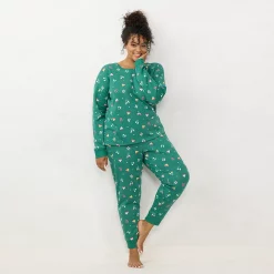 Plus Size LC Lauren Conrad Cozy Long Sleeve Pajama Top & Pajama Pants Set -Hot Sale Adult Shop 6066040 Green Cat Hats